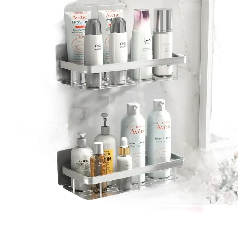 Trendy silver bathroom shelf with toiletries for stylish kitchen storage organizer