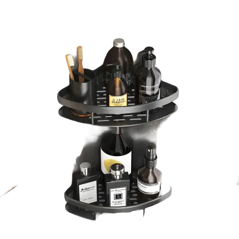 Trendy two-tiered corner bathroom shelf for extra storage and kitchen organization