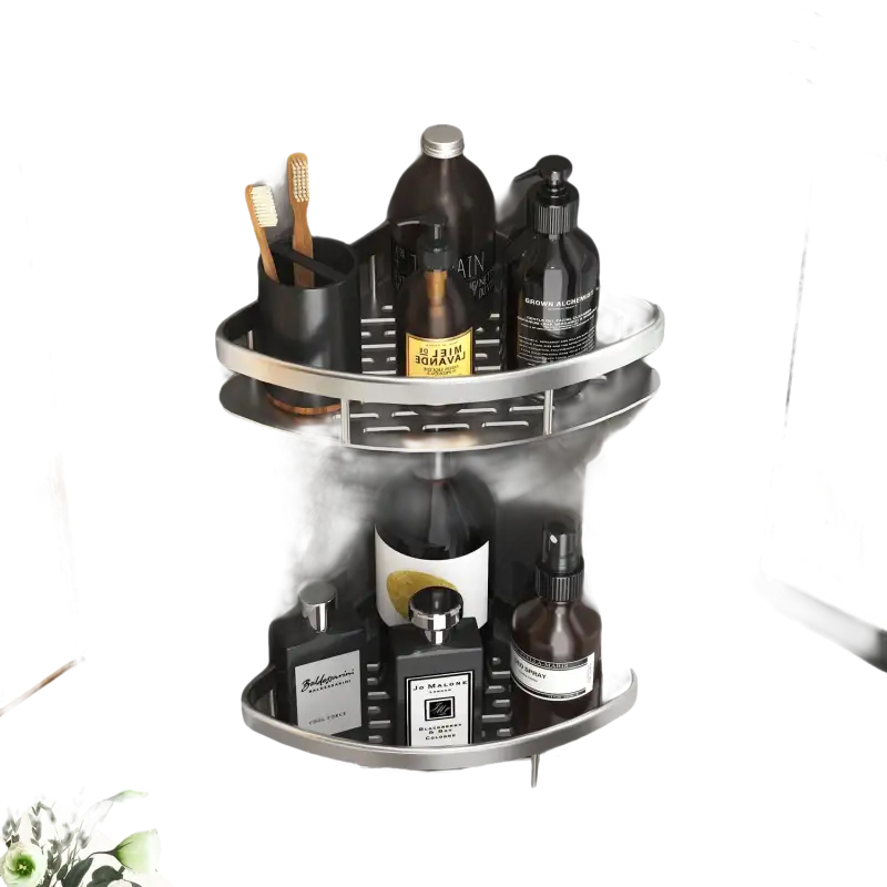 Two-tiered corner shower caddy on trendy bathroom shelf for kitchen storage organizer style