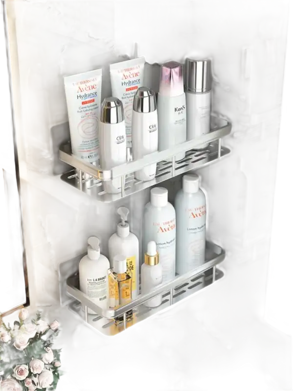 Two-tiered bathroom shelf with toiletries, perfect bathroom shelf or aluminum storage organizer