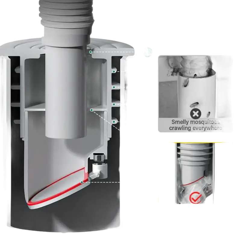 Cutaway view of a drain with multiple layers of protection.