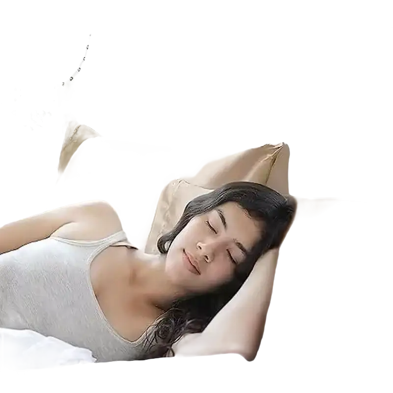 Sleeping woman on silk pillowcases.