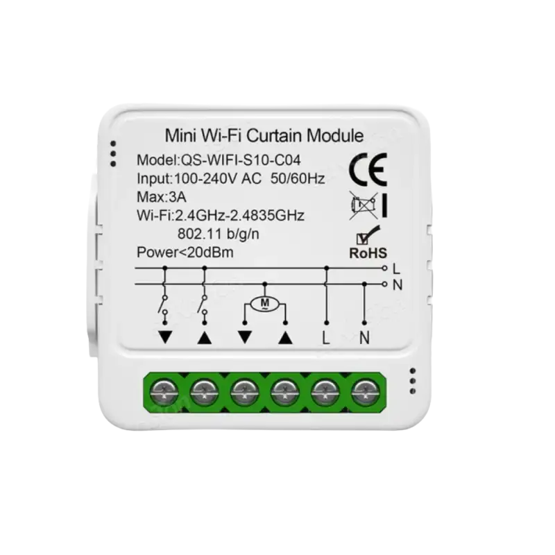 Mini Wi-Fi curtain module with wiring diagram and specifications.
