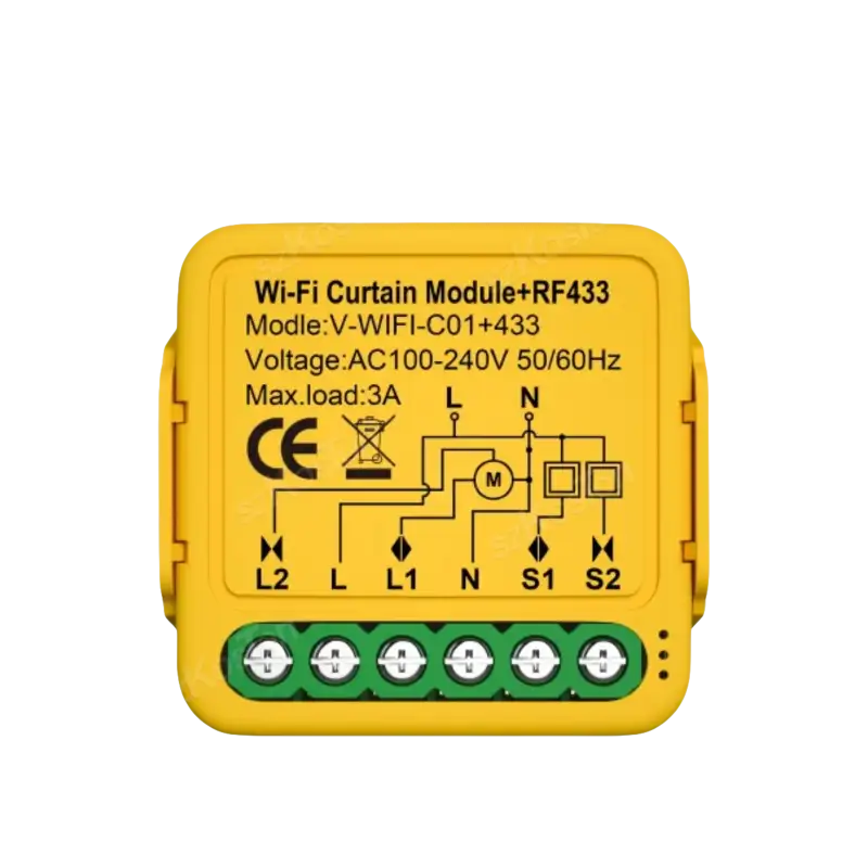 Yellow WiFi+RF curtain switch module.