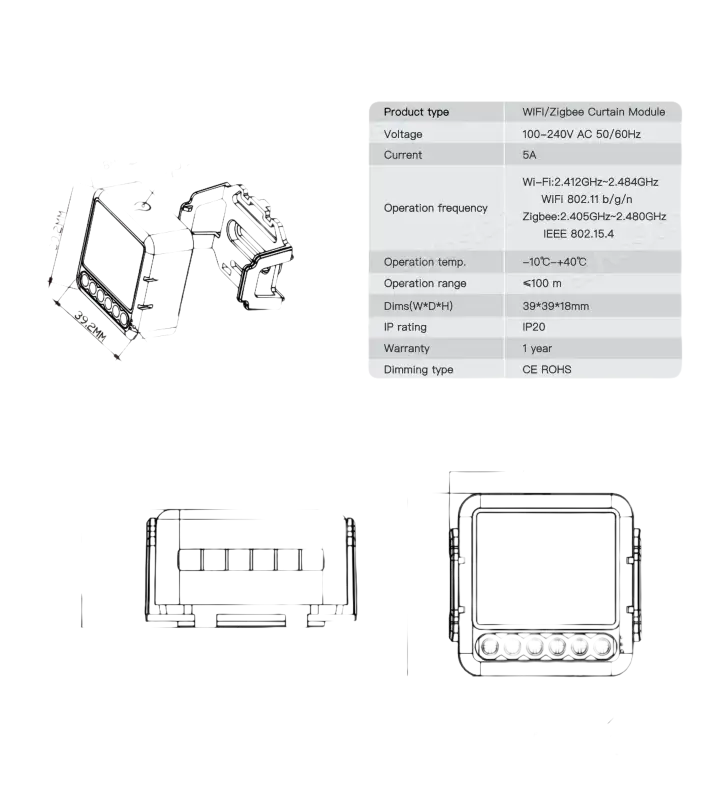 WIFI/Zigbee curtain module with dimensions and specifications.
