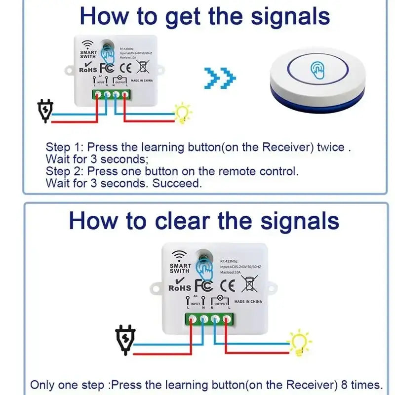 Smart RF433 Remote Light Switch Panel - 10A Relay