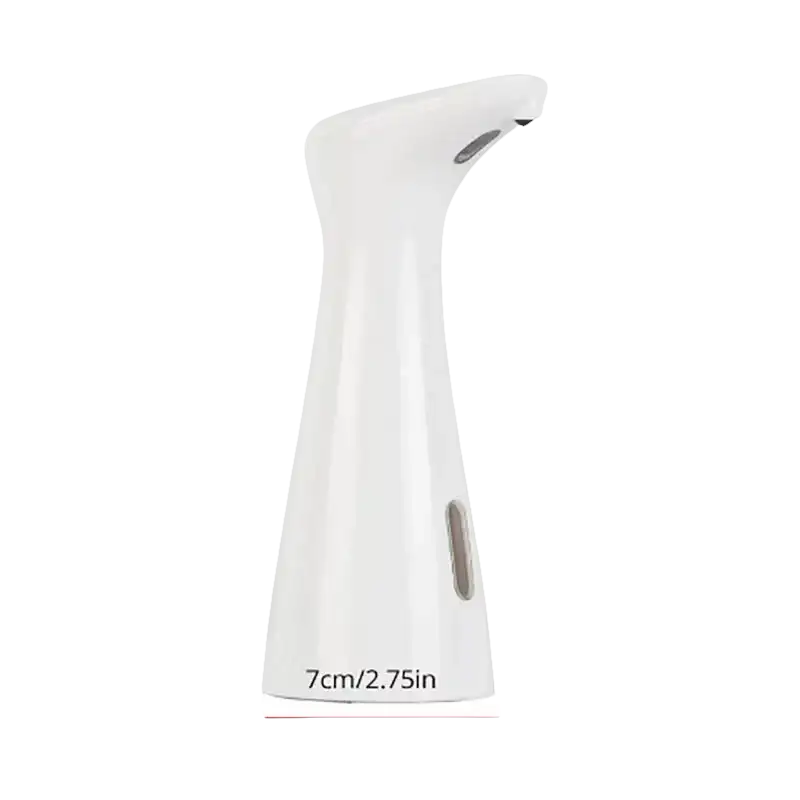 White automatic soap dispenser with dimensions.