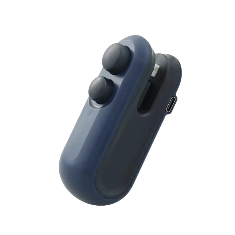 Blue and gray handheld game controller.