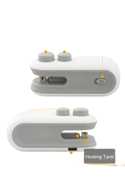 White and gray handheld bag sealer.