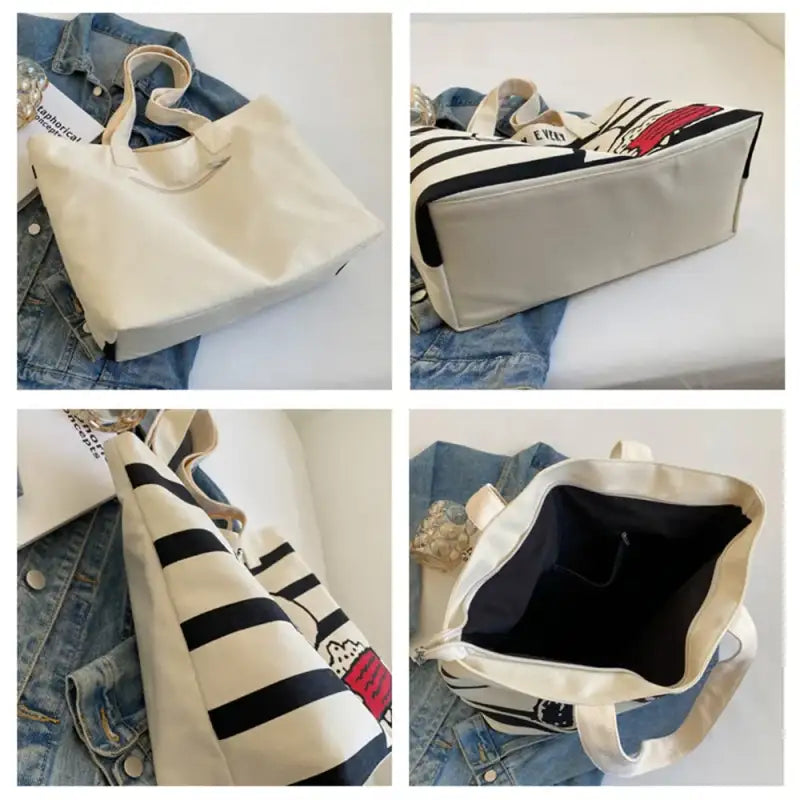 Canvas tote bag with black stripes.