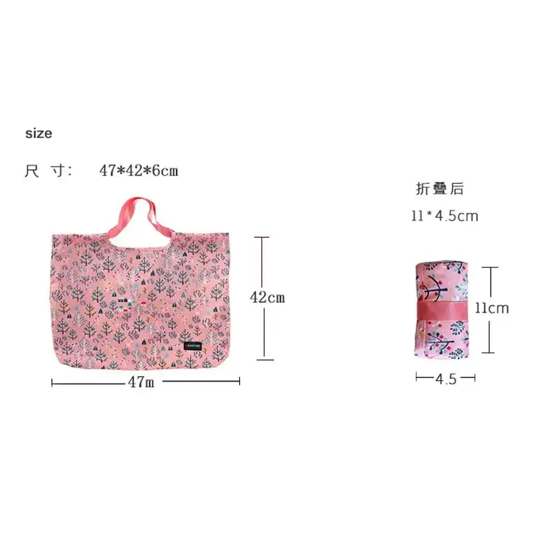 Pink patterned reusable shopping bag with dimensions.