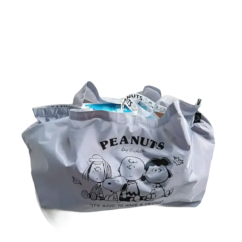 Gray Peanuts character tote bag.