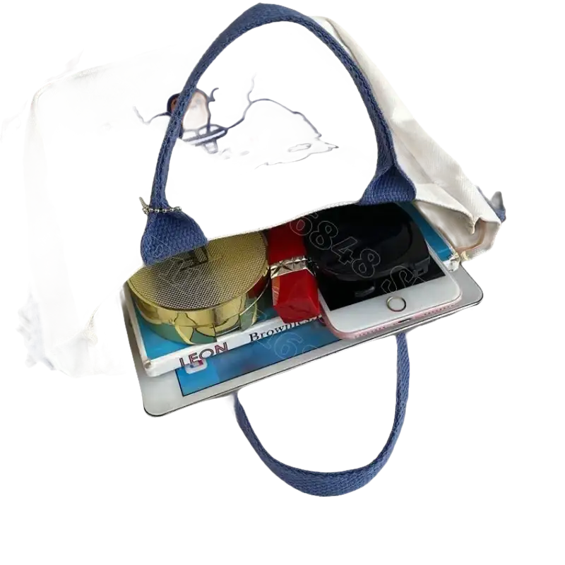 Cartoon-decorated canvas tote bag.