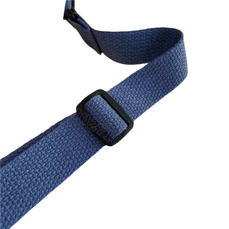 Blue canvas bag strap with black buckle.