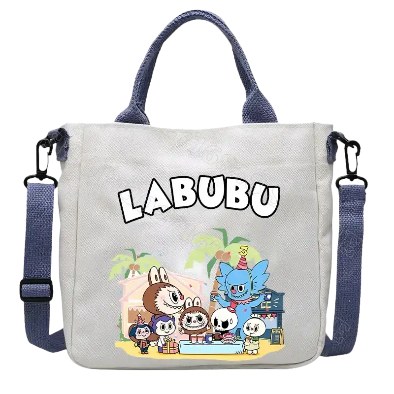 Cartoon-themed canvas tote bag.