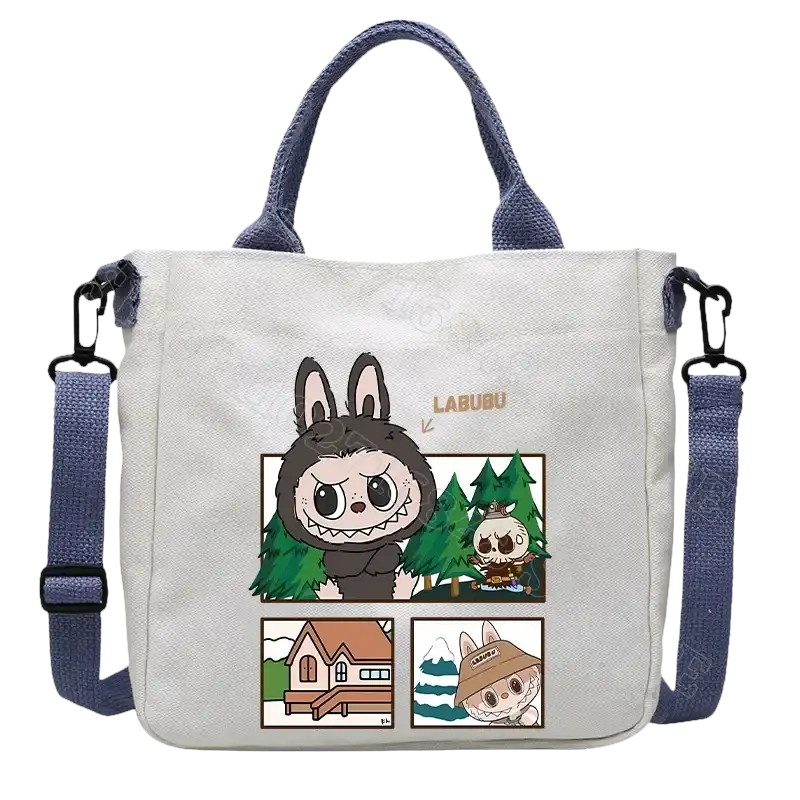 Canvas tote bag with cartoon graphics.