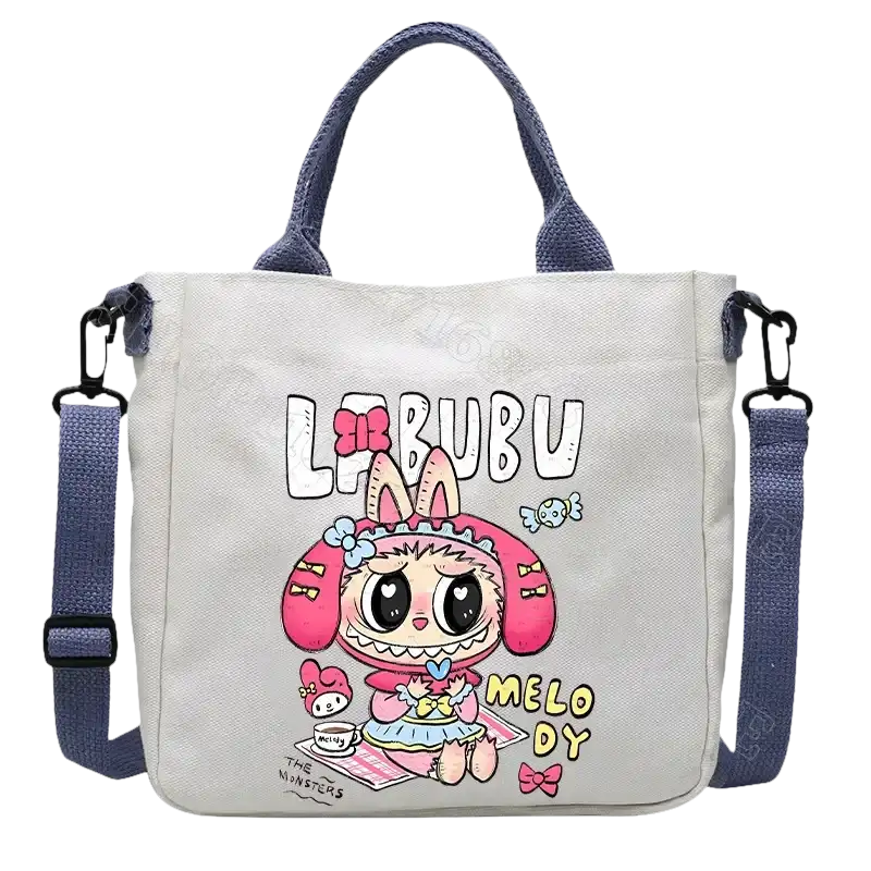 Cartoon-themed canvas tote bag.