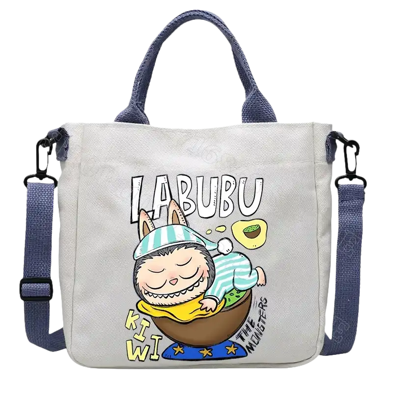 Canvas tote bag with cartoon design.