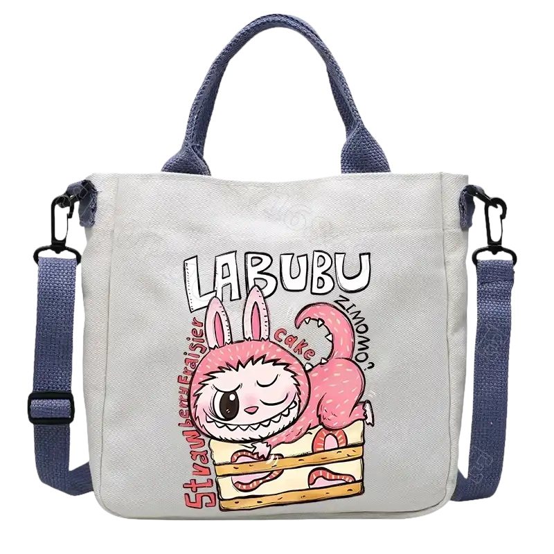 Canvas tote bag with cartoon design.
