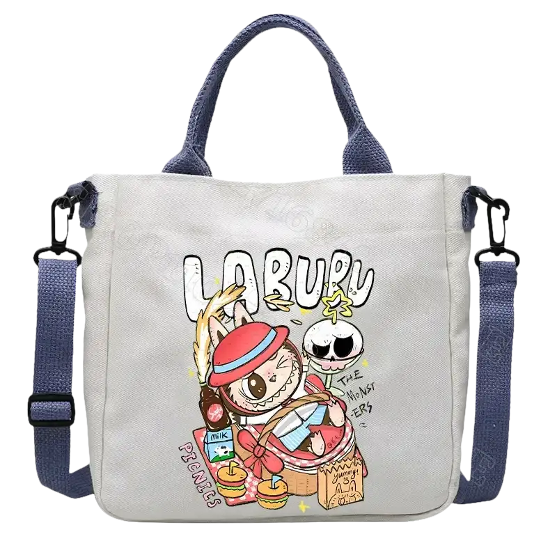 Cartoon-themed canvas tote bag.