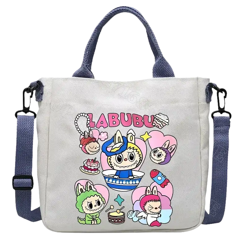 Cartoon-themed canvas tote bag.