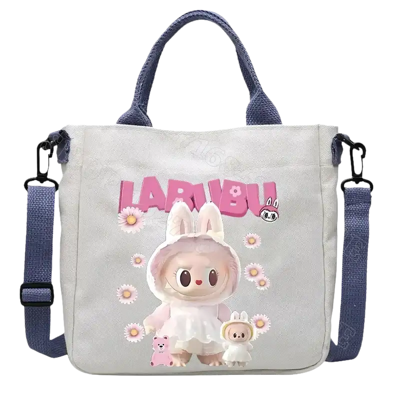 Gray canvas tote bag with bunny graphic.