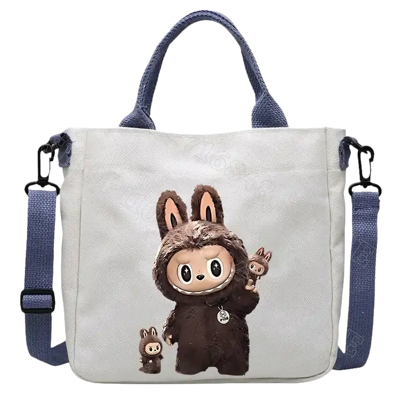 White canvas tote bag with cartoon bunny.