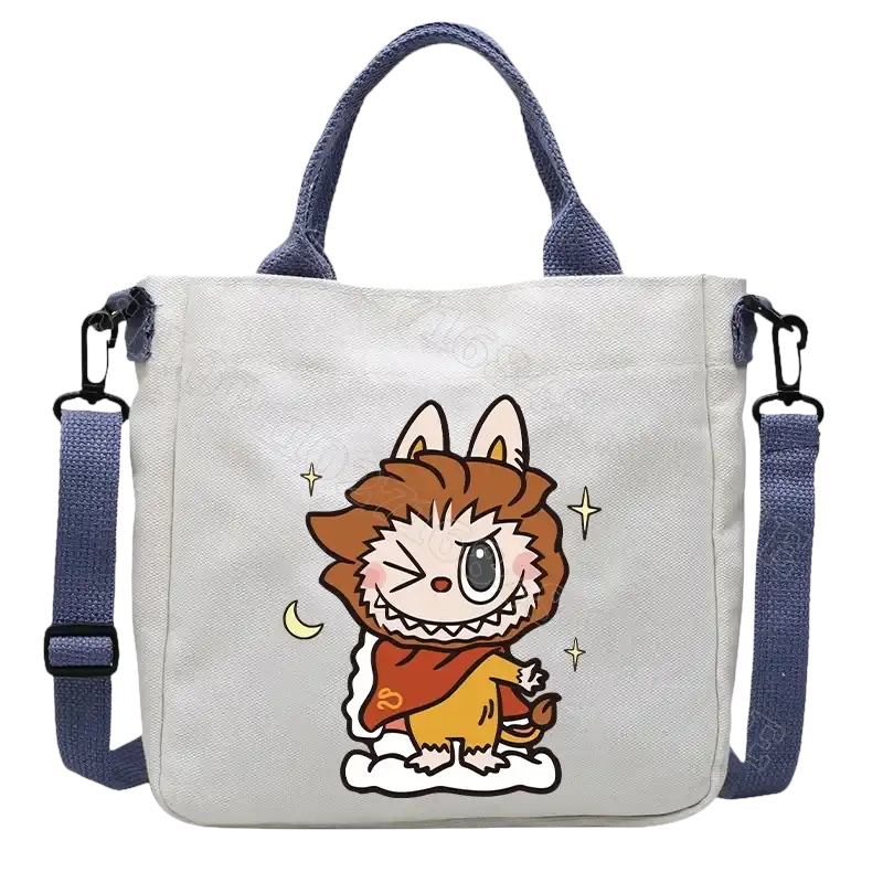 Canvas tote bag with cartoon lion.