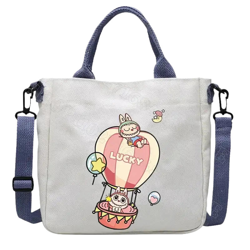 Canvas tote bag with cartoon rabbit design.