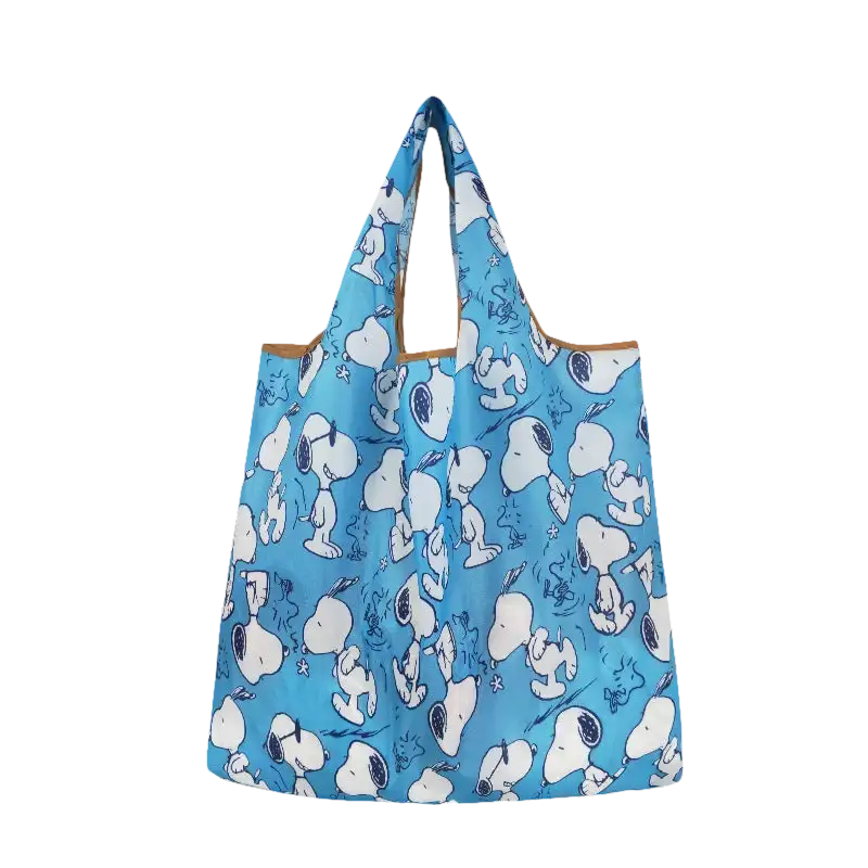 Blue Snoopy-patterned tote bag.