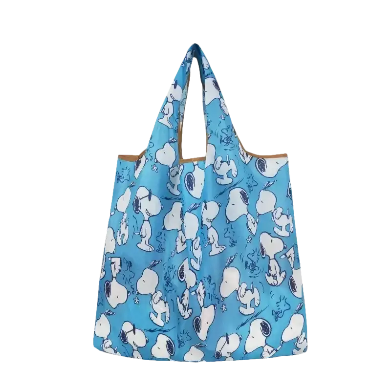 Blue Snoopy-patterned tote bag.