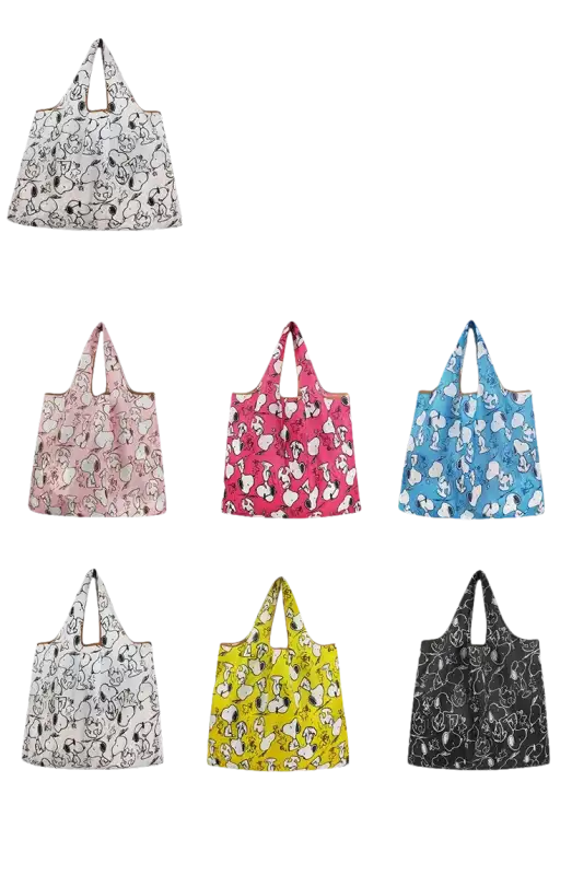 Foldable Snoopy-themed shopping bags in various colors.