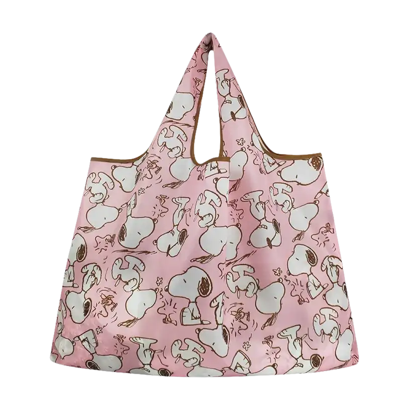 Pink Snoopy-patterned tote bag.