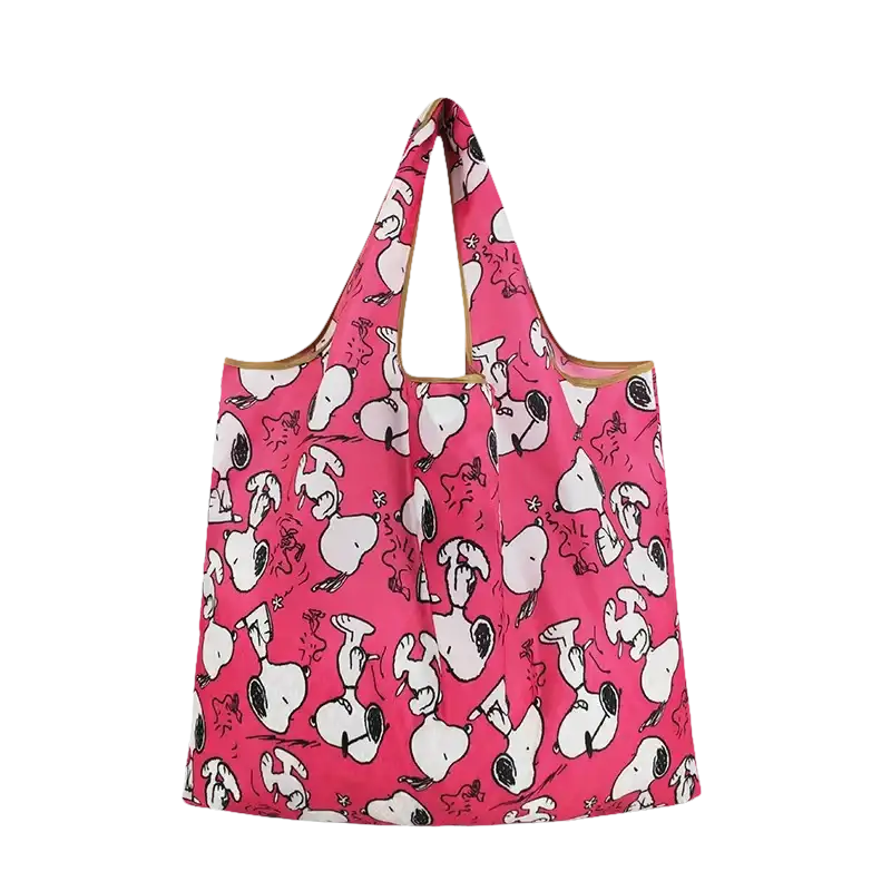 Pink Snoopy-patterned tote bag.