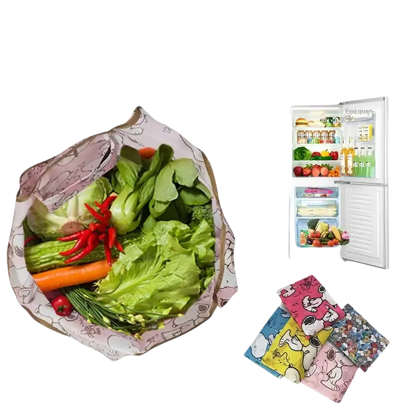 Reusable grocery bag filled with vegetables.