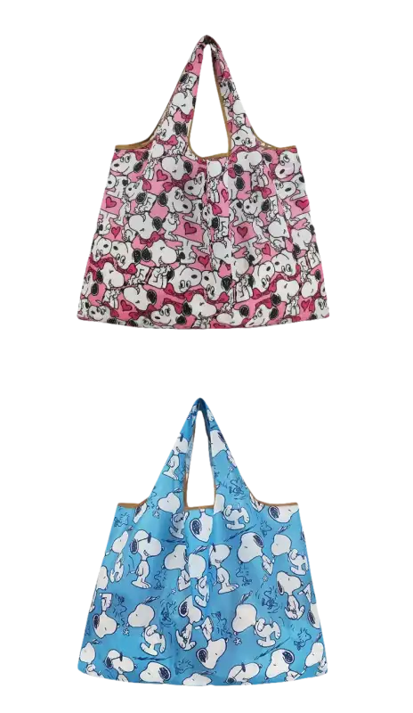 Two Snoopy-themed reusable shopping bags.