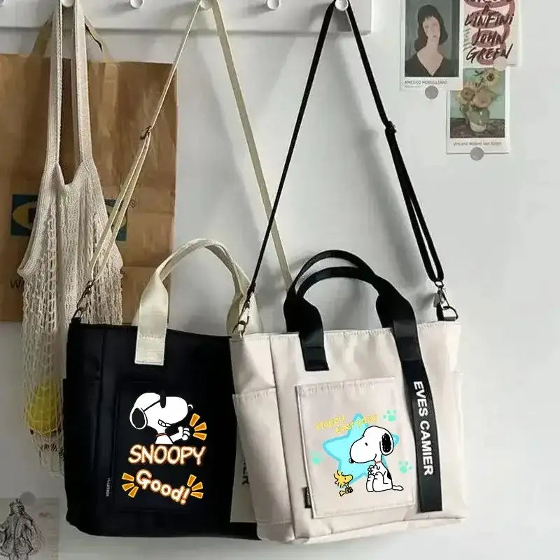 Snoopy-themed tote bags.