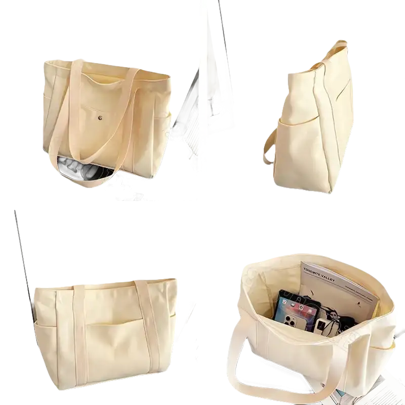 Beige canvas tote bag.