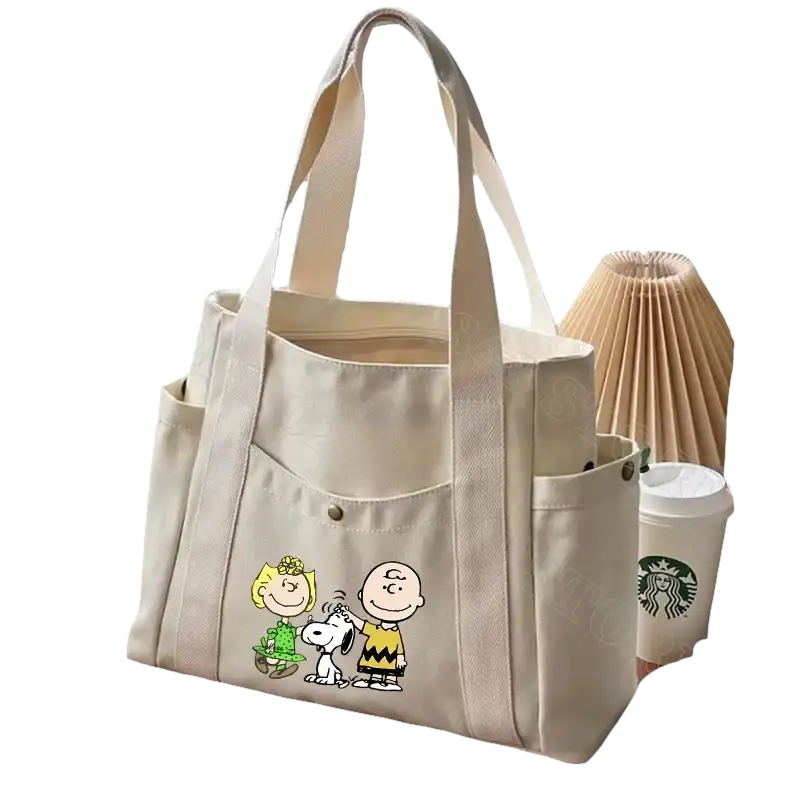 Canvas tote bag with cartoon characters.