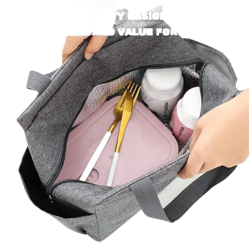 Gray insulated lunch bag.