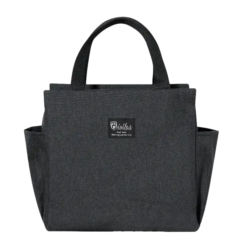 Gray fabric lunch bag with handles.