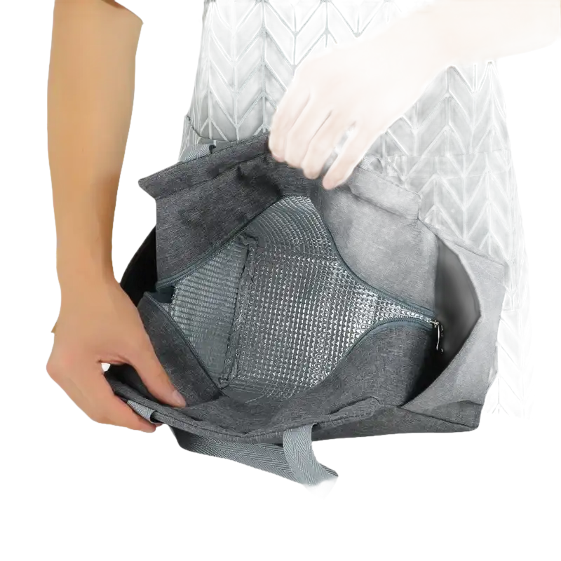 Open gray insulated lunch bag.