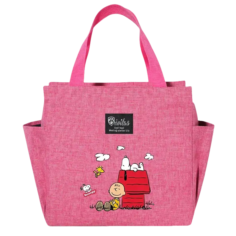 Pink tote bag with cartoon characters.