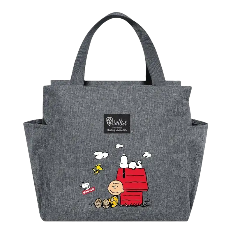 Gray tote bag with Snoopy characters.