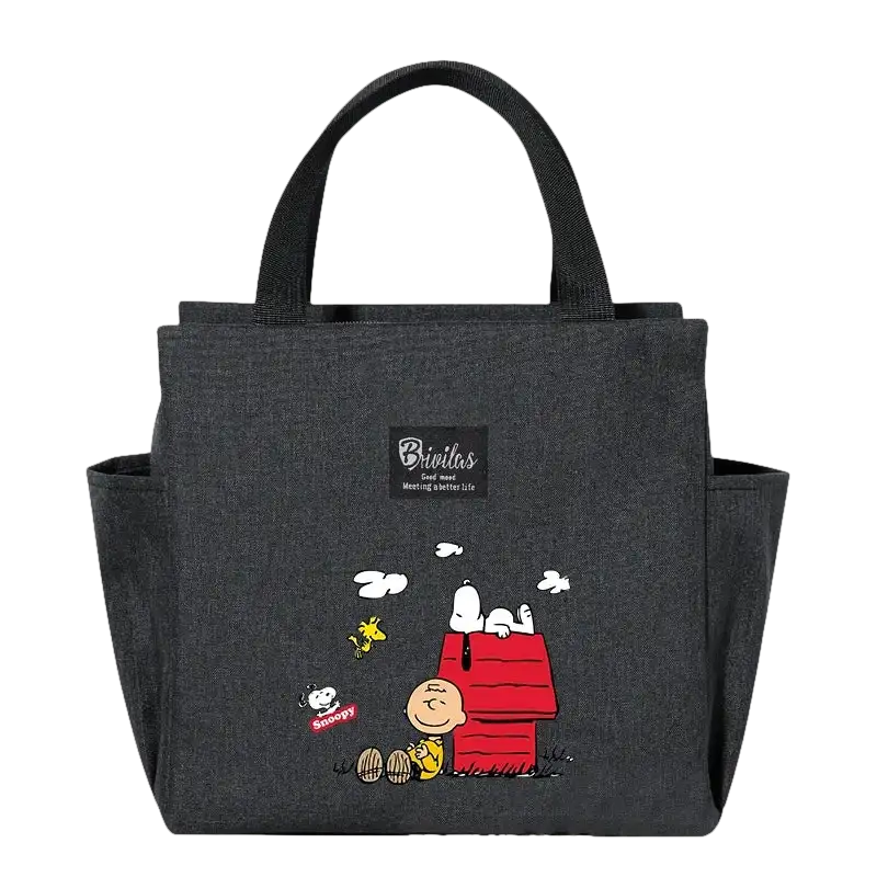 Gray tote bag with cartoon characters.