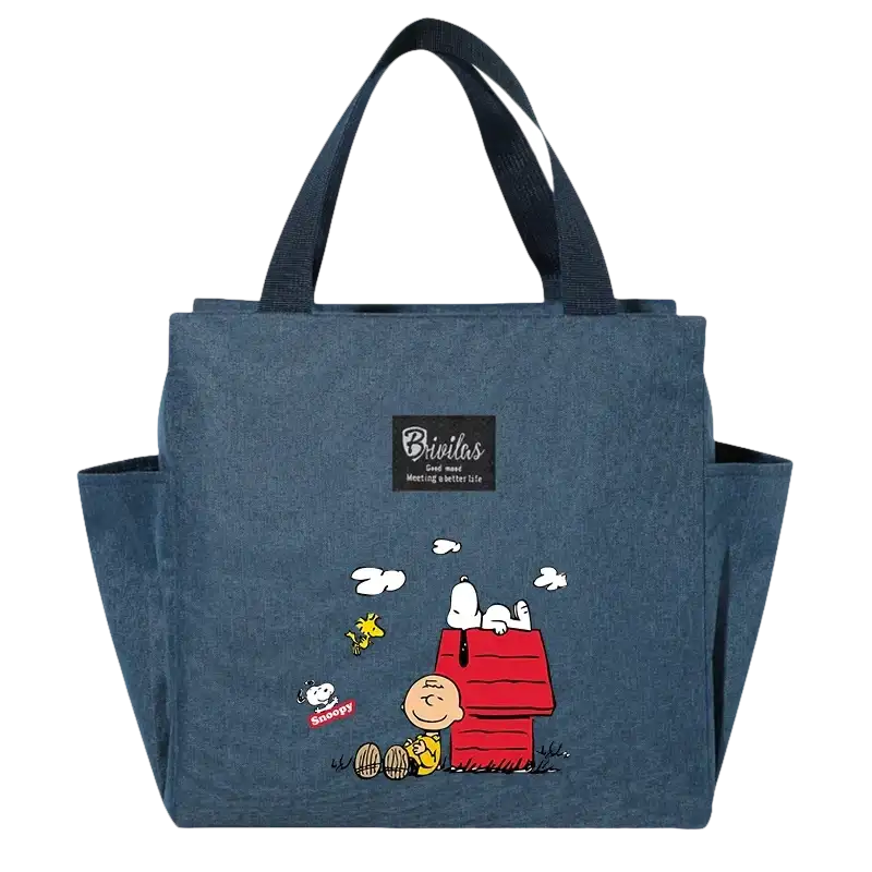 Blue tote bag with Snoopy design.