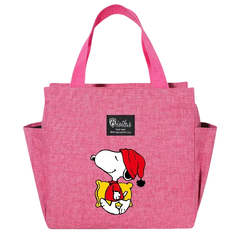 Pink tote bag with Snoopy design.