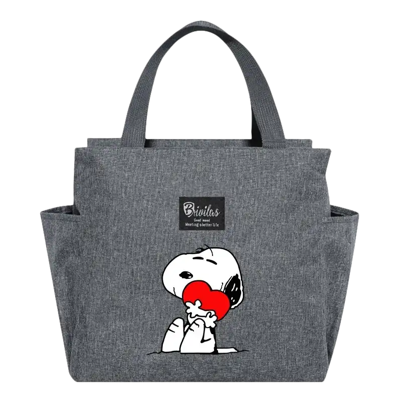 Gray tote bag with Snoopy.