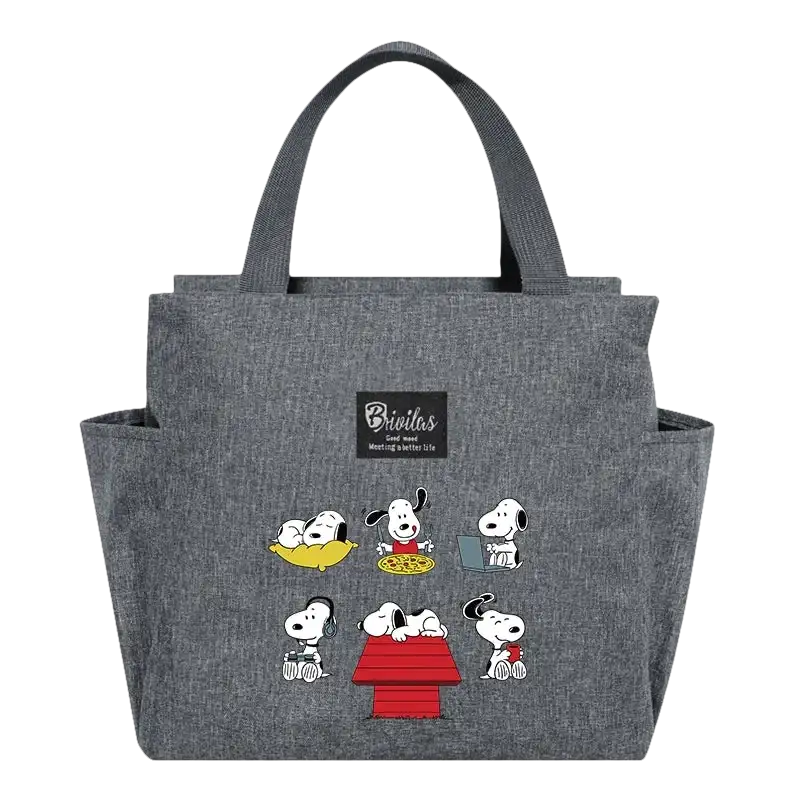 Gray Snoopy-themed tote bag.
