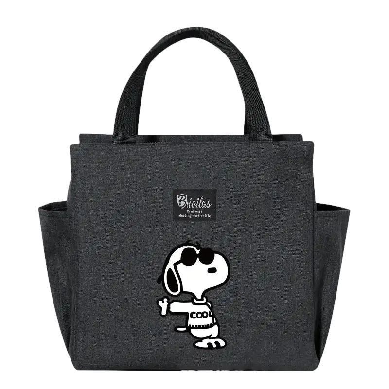 Gray lunch bag with Snoopy.